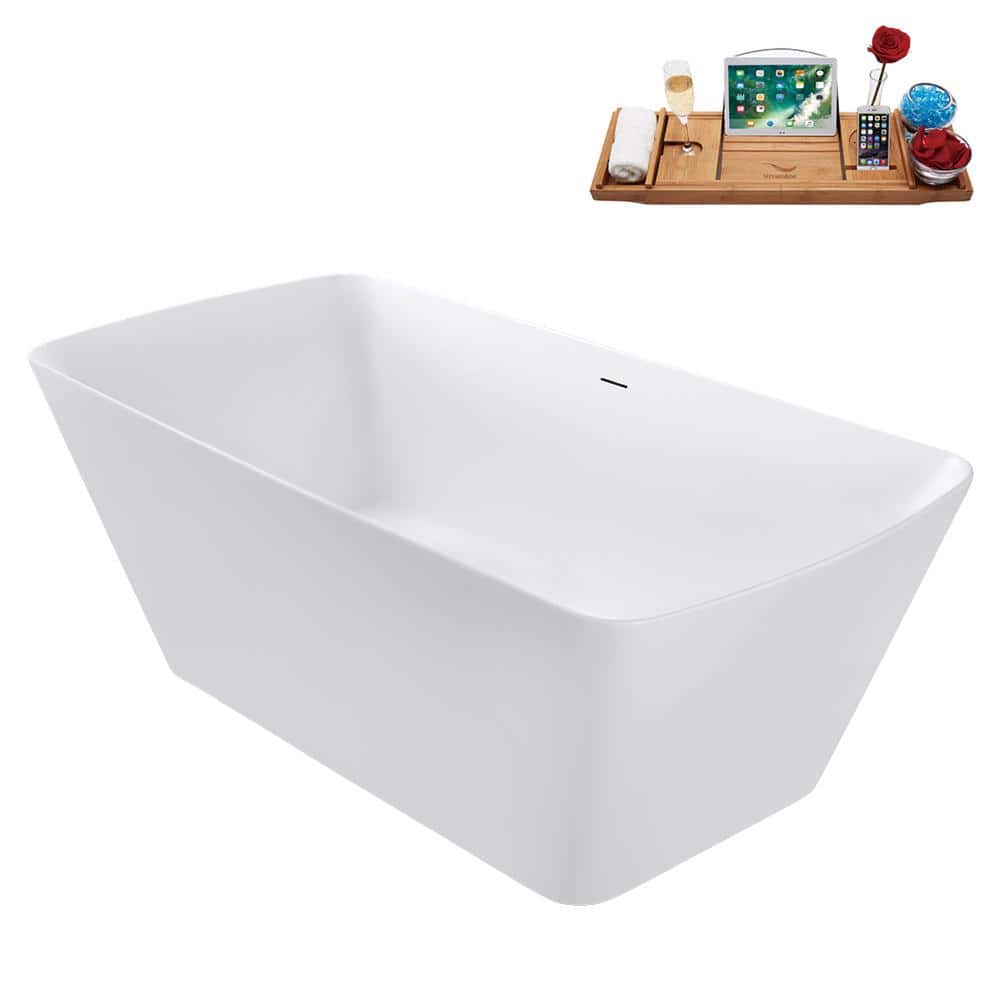 59" Glossy White Acrylic Freestanding Tub with Brushed Gold Trim