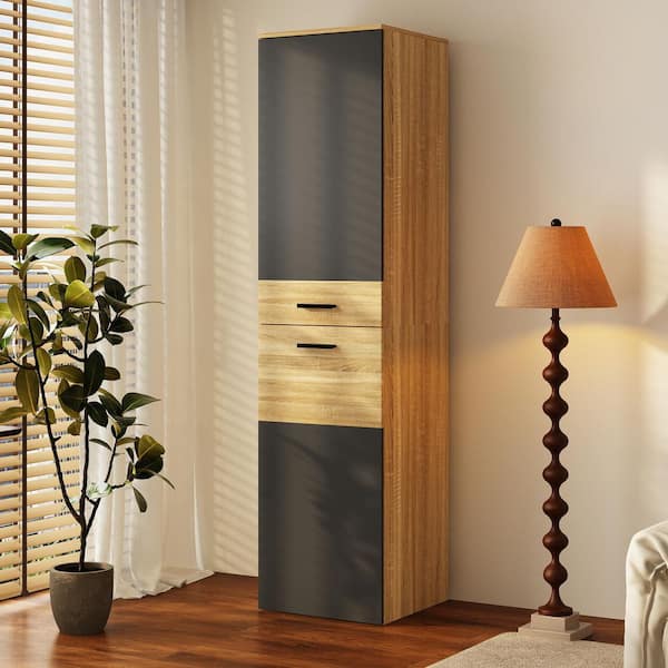 Dark Grey and Natural Wood 72.2 in. H Accent Cabinet With Adjustable Shelves, Sideboard, Storage Bookcase