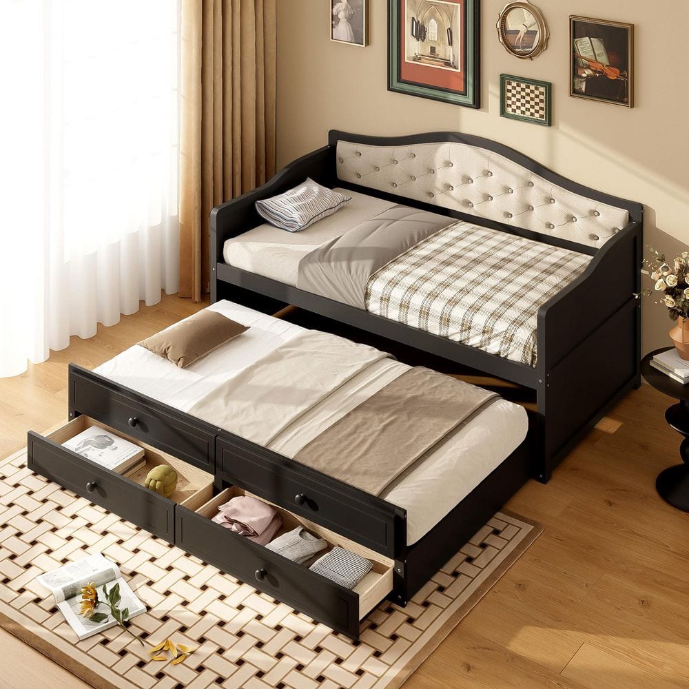 Beige Twin Size Wood Daybed with Upholstered Backrest, Trundle and 2-Drawers