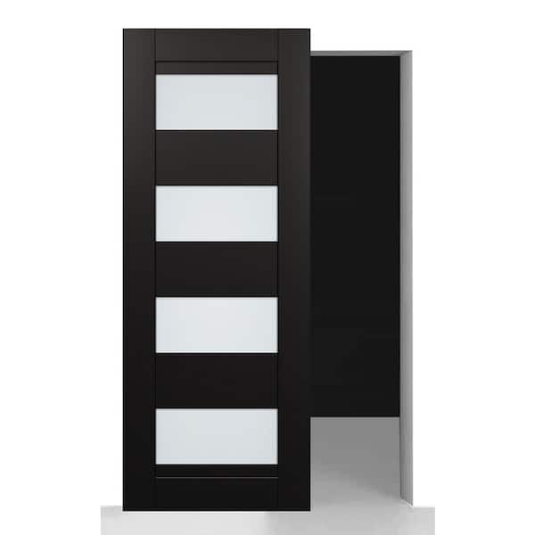 Della 28 in. x 84 in. Black Matte 4-Lite Frosted Glass with o BaseBoard Wood Hidden Sliding Barn Door with Hardware Kit