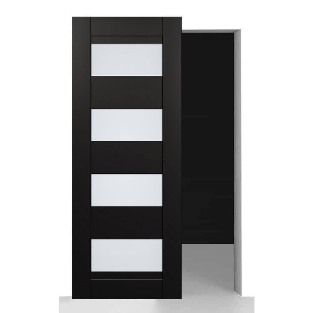 Della 32 in. x 96 in. Black Matte 4 Lite Frosted Glass w/o BaseBoard Wood Hidden Sliding Barn Door with Hardware Kit price history on PriceWatchPro