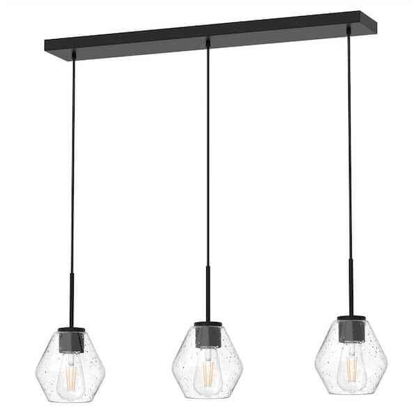 YANSUN 28 in. 3-Light Black Pendant Light with Glass Shade, Farmhouse Ceiling Lamp for Kitchen Island, Dining Room