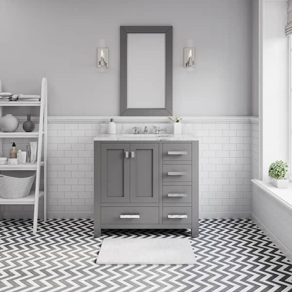 Water Creation Madison 36 in. W x 34 in. H Vanity in Gray with Marble Vanity Top in Carrara White with White Basin and Mirror