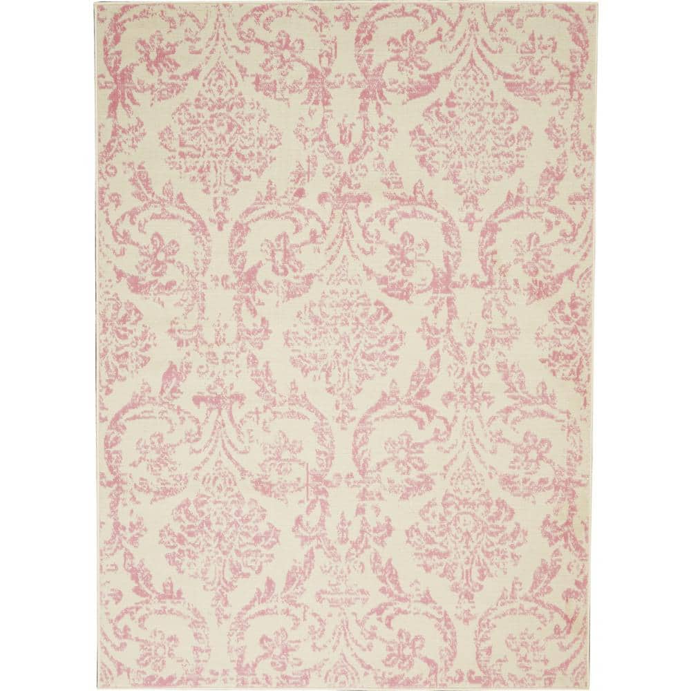 Ivory and Pink Vintage Damask Area Rug