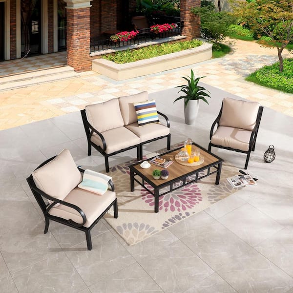 Patio Festival 5-Piece Metal Outdoor Sectional Set with Beige Cushions