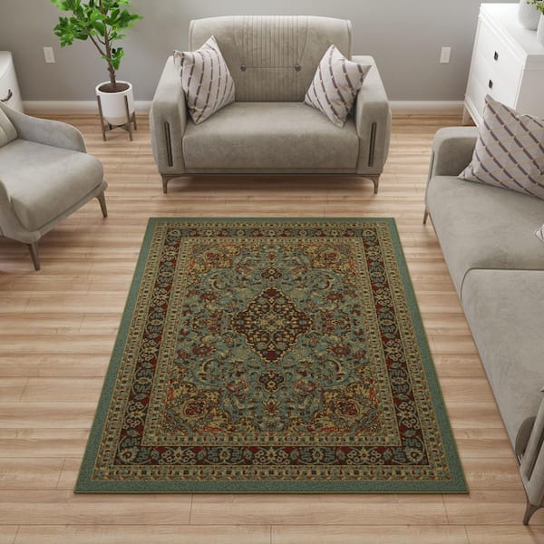 Ottohome Collection Non-Slip Rubberback Medallion Oriental 5x7 Indoor Area Rug, 5 ft. x 6 ft. 6 in., Dark Seafoam Green