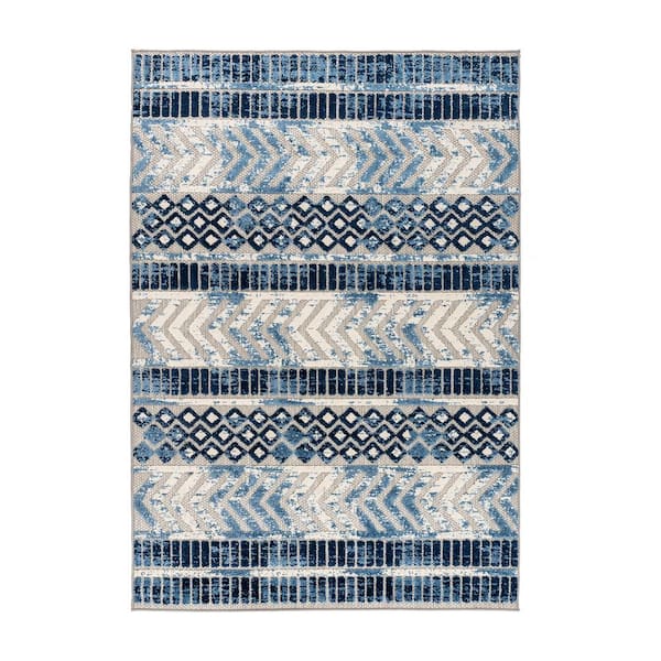 World Rug Gallery Navy 5 ft. x 7 ft. Distressed Geometric Indoor/Outdoor Area Rug