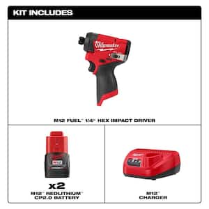 M12 FUEL 12V Lithium-Ion Brushless Cordless 1/4 in. Hex Impact Driver w/M12 Compact 2.0 Ah Battery (2-Pack) Starter Kit