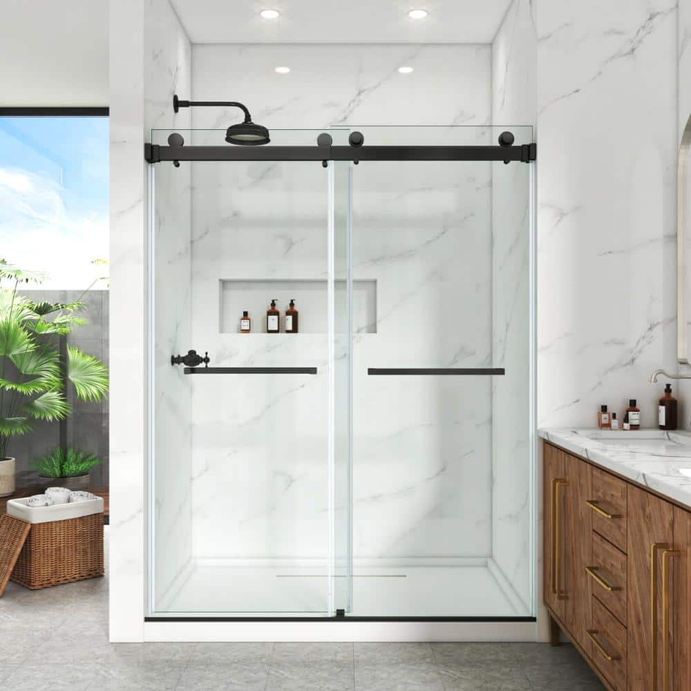 Frameless Shower Door, 56–60.5 in. W x 76 in. H, Double Sliding Doors 3/8 in. Clear Tempered Glass, Matte Black. price history on PriceWatchPro