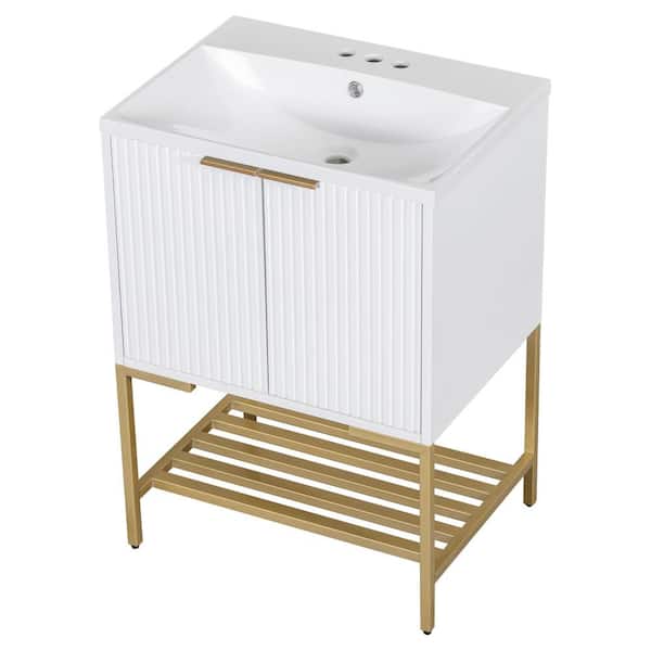 cadeninc 24 in. W x 18 in. D x 34 in. H White Bathroom Vanity with Sink, 2-Doors, and Open Storage Shelf