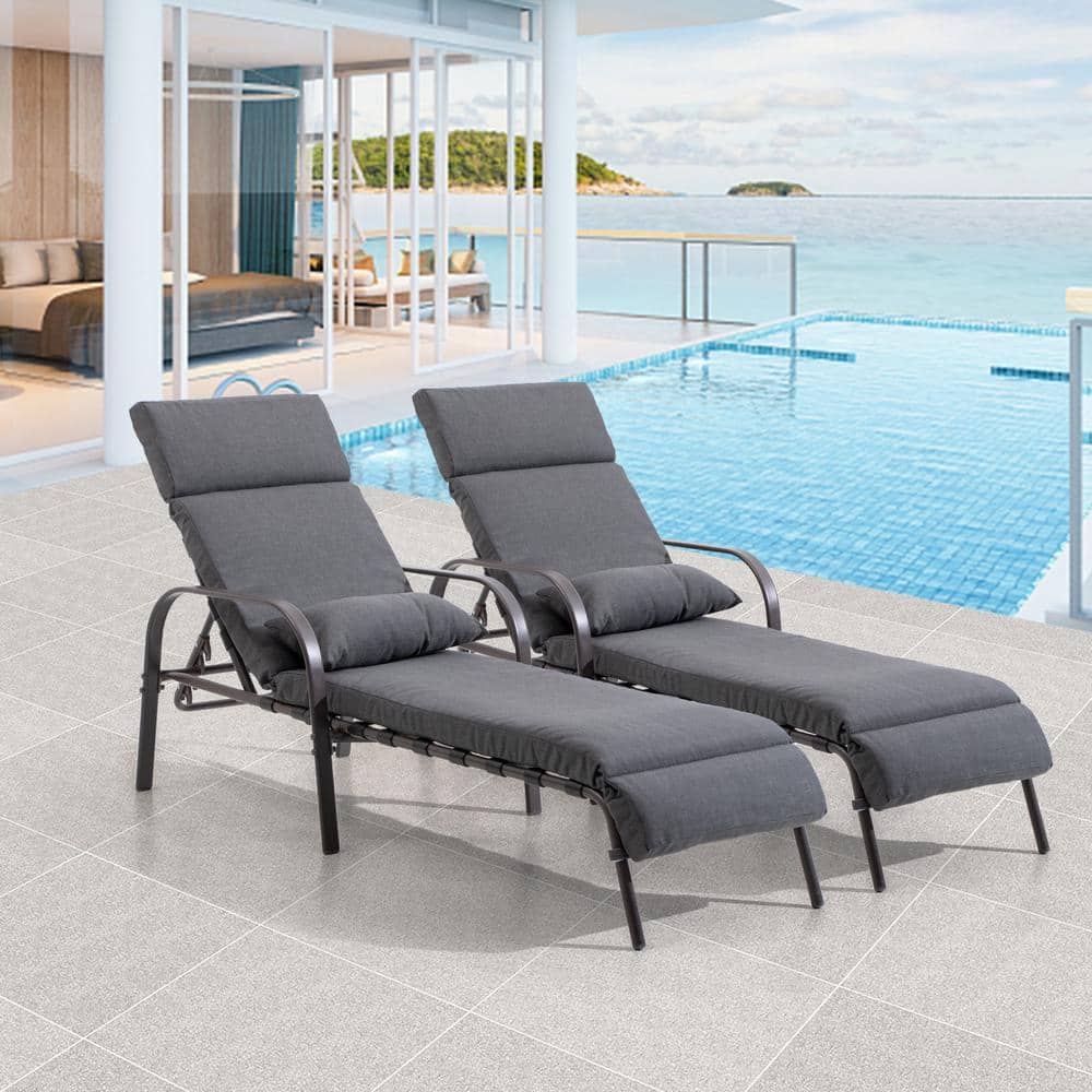 Dark Gray Adjustable Steel Chaise Lounge Chairs with Cushions, Set of 2