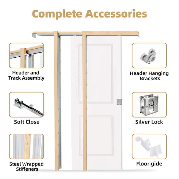 28 in. x 80 in. 2-Panel Hollow Core Primed Wood Sliding Pocket Door with Frame, Soft Close and Lock Included
