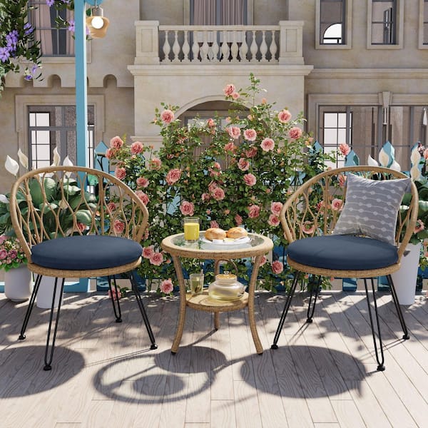 Zeus & Ruta 3-Piece Patio Wicker Outdoor Bistro Yellow Rattan Chair and Glass Table Set with Blue Cushions