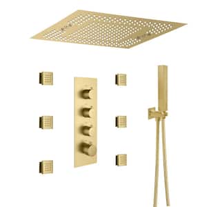 3-Spray Ceiling Mount Dual Shower Head Thermostatic Shower System 2.5 GPM Fixed and Handheld Shower Head in Brushed Gold
