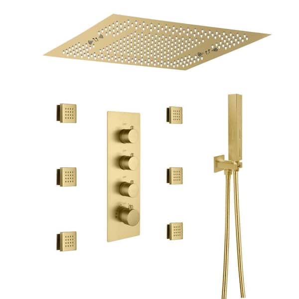 CASAINC 3-Spray LED Thermostatic Shower Systems 2.5 GPM Fixed and Handheld Shower Head in Brushed Gold