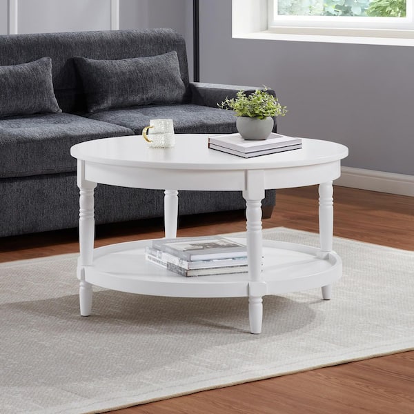 French Country Manor 30 in. White Round MDF Coffee Table with Shelf