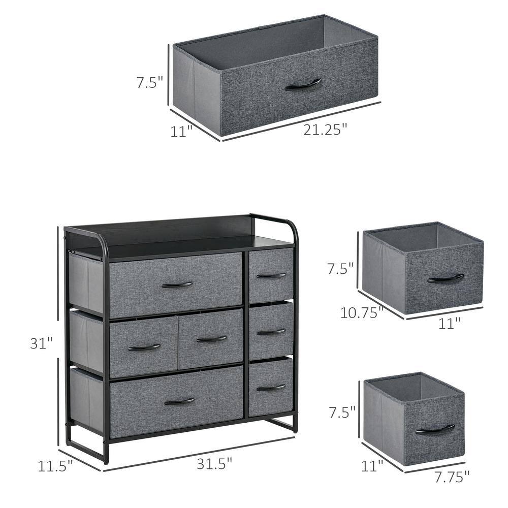 Gray Fabric 7-Drawer Dresser with Dark Wood Top and Steel Frame