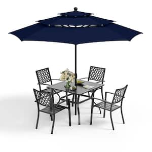 6-Piece Metal Patio Outdoor Dining Set with Square Table and Navy Blue Umbrella