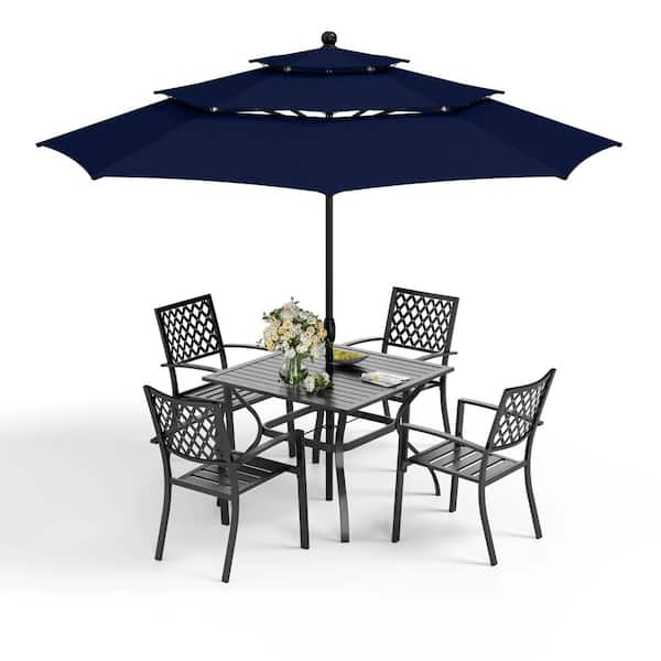 PHI VILLA 6-Piece Metal Patio Outdoor Dining Set with Square Table and Navy Blue Umbrella
