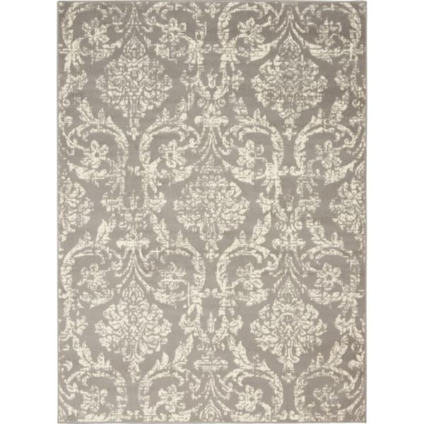 6 ft. x 9 ft. Gray and Ivory Damask Power Loom Distressed Area Rug