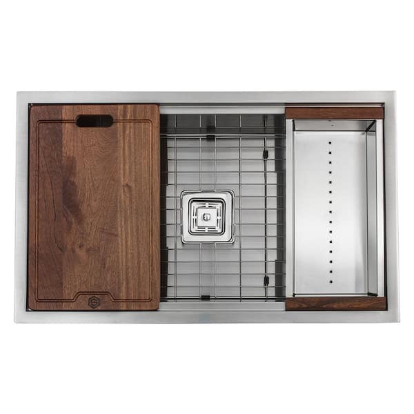 32 in. Stainless Steel Single Bowl Undermount Workstation Sink with Center Square Drain and Accessories