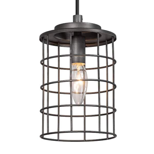 Industrial 40W 1-Light Brushed Silver Drum Mini Pendant Light with Metal Cage Shade and No Bulb Included