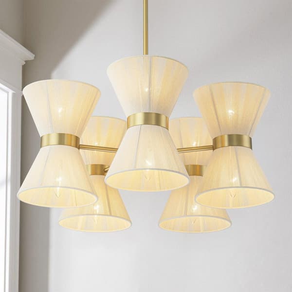 RRTYO Catalena 10-Light Boho Rustic Brushed Gold Sputnik Handwoven Ivory Rope Up and Down Hourglass Fabric Chandelier