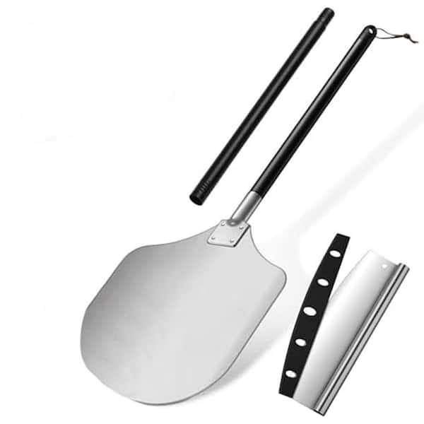 Aluminum Pizza Peel with Detachable Long Handle and Stainless Steel Cutter Rocker Pizza Oven Accessory Kit