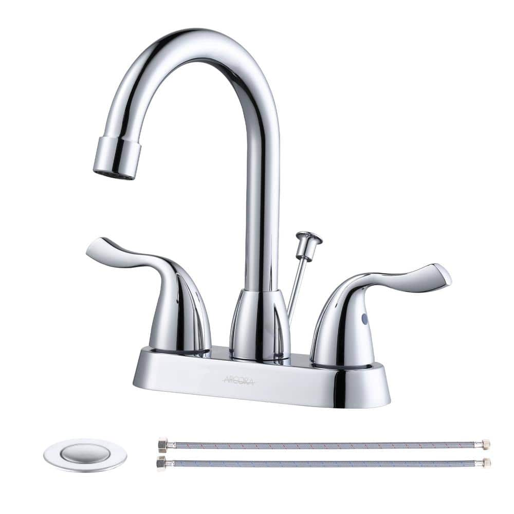 WOWOW 4 In. Centerset Double Handle High Arc Bathroom Faucet With Drain ...