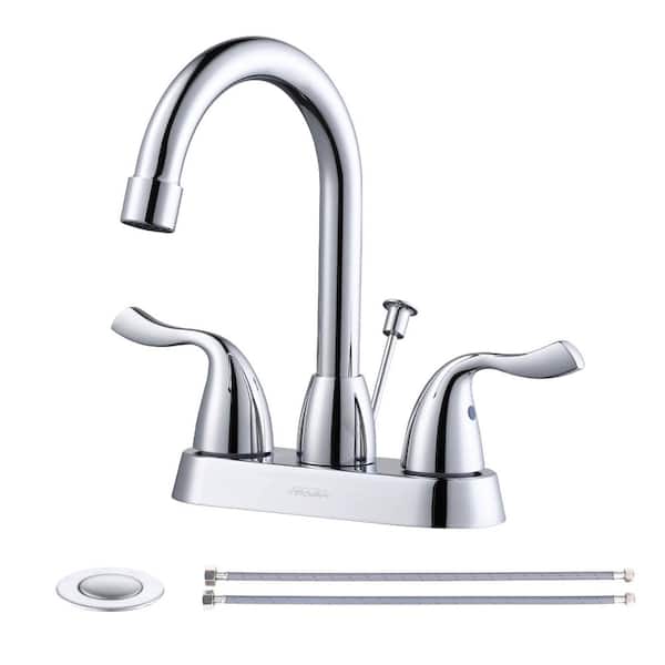 WOWOW 4 in. Centerset Double Handle High Arc Bathroom Faucet with Drain Kit Included in Polished Chrome