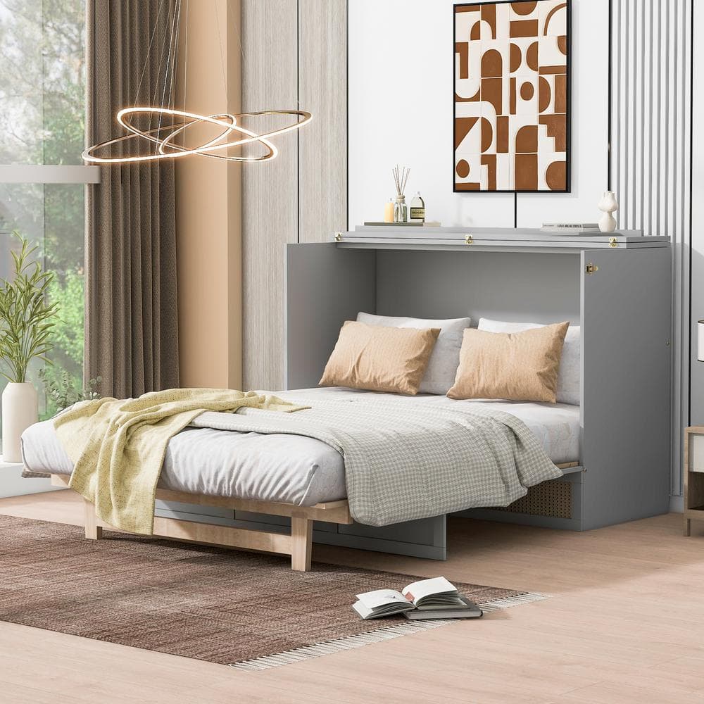Gray Wood Frame Full Size Murphy Bed with Large Drawer, Rattan Decoration