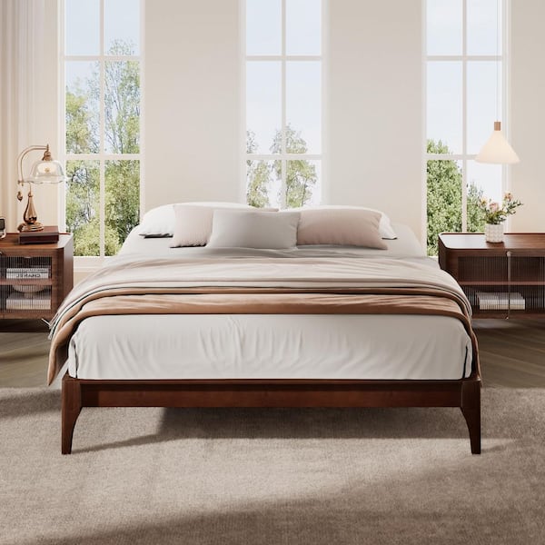 Brown Wood Frame King Platform Bed with Wood Slat and Metal Support