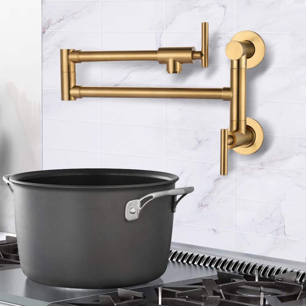 Brushed Gold Brass Wall Mounted Double Handle Pot Filler Faucet
