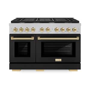 Autograph Edition 48 in. 8 Burner Double Oven Gas Range with Black Matte Doors and Polished Gold Accents