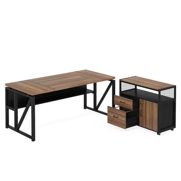 BYBLIGHT Lanita 62.9 in. L Shaped Desk Brown and Black Engineered Wood 2-Drawer Computer Desk with File Cabinet
