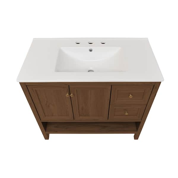 Chateau 36 in. Freestanding Bath Vanity in Brown Oak with White Ceramic 3-Hole Widespread Sink Top