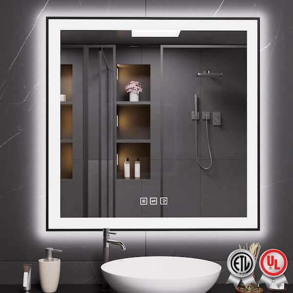 36 in. W x 36 in. H Rectangular Framed Anti-Fog LED Wall Bathroom Vanity Mirror in Black with Backlit and Front Light