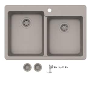 Stonehaven 33 in. Drop-In 60/40 Double Bowl Taupe Ice Granite Composite Kitchen Sink with Taupe Strainer