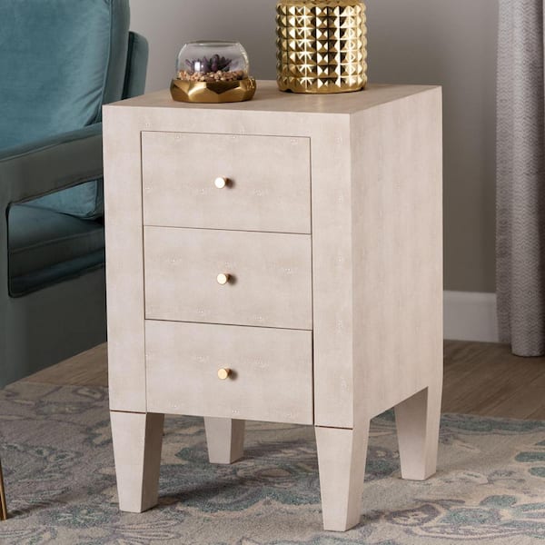 Leyna 17.9 in. Beige/Brass Square Faux Shagreen End Table