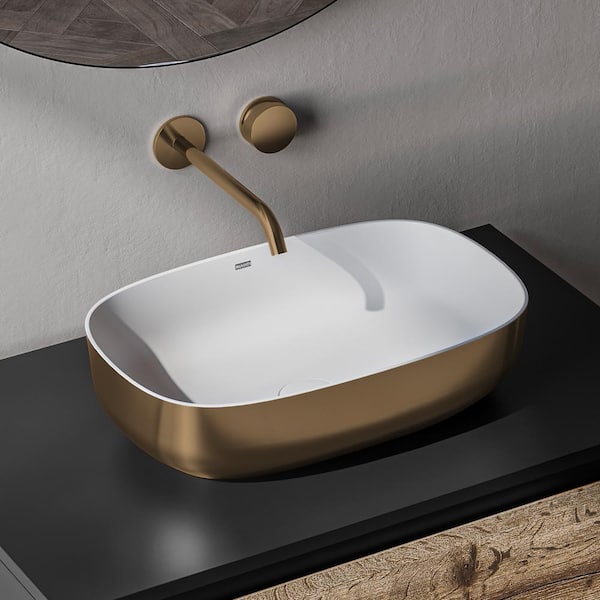 Sinatra 19 in. Vessel Bathroom Sink in Matte Gold and White Natural Stone with Drain