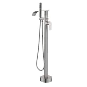 2-Handle Freestanding Tub Faucet with Hand Shower Brass Waterfall Floor Mount Bathtub Filler in Brushed Nickel