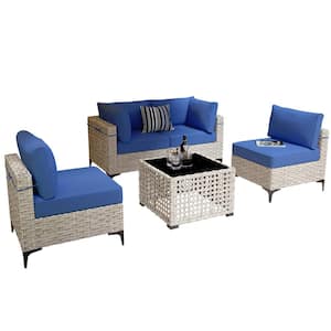 Apollo 5-Piece Wicker Outdoor Patio Conversation Seating Set with Navy Blue Cushions