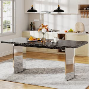 Modern Black Engineered Wood 63 in. Pedestal Dining Table Seats-6 Faux Marble Kitchen Table Silver Trestle Base