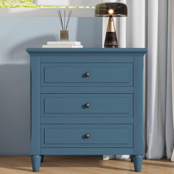 Torvallis Modern Blue 3-Drawers Bedside Cabinet Nightstand with Solid Wood Legs