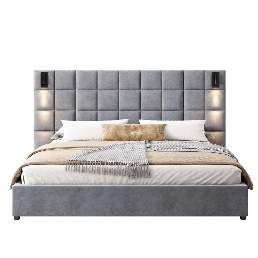Svens Modern Gray Velvet Upholstered Wood Frame King Size Platform Bed with Headboard, Lamps and USB Ports - thumbnail 5