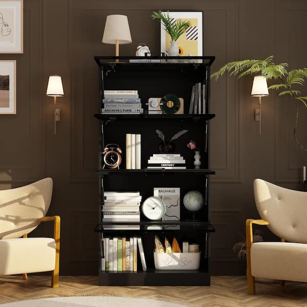 63 in. Tall Black Wood 4-Shelf Bookcase Bookshelf with Flip up Glass Doors and 3-Color LED Lights