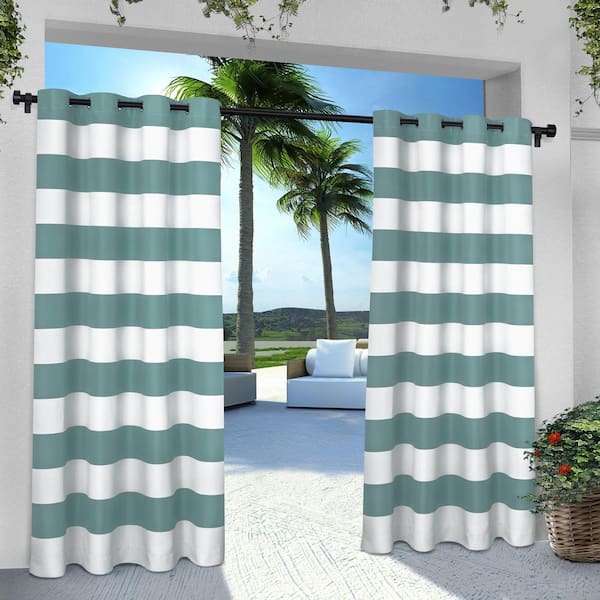 EXCLUSIVE HOME Cabana Stripe Teal Stripe Light Filtering Grommet Top Indoor/Outdoor Curtain, 54 in. W x 84 in. L (Set of 2)