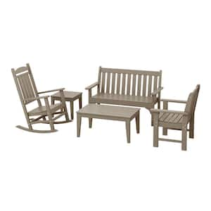 Laguna Outdoor Patio HDPE All Weather Fade Resistant 5-Piece Bench and Rocking Chair Conversation Set in Weathered Wood