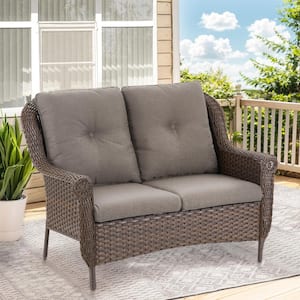 Floral Brown 1-Piece Wicker Outdoor Loveseat with CushionGuard Gray Cushions