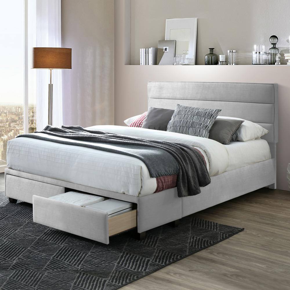 Silver Gray Velvet Upholstered Queen Storage Bed with Tufted Headboard